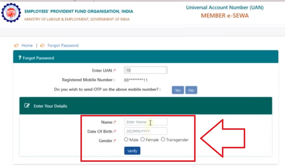 change UAN Password with name and date of birth