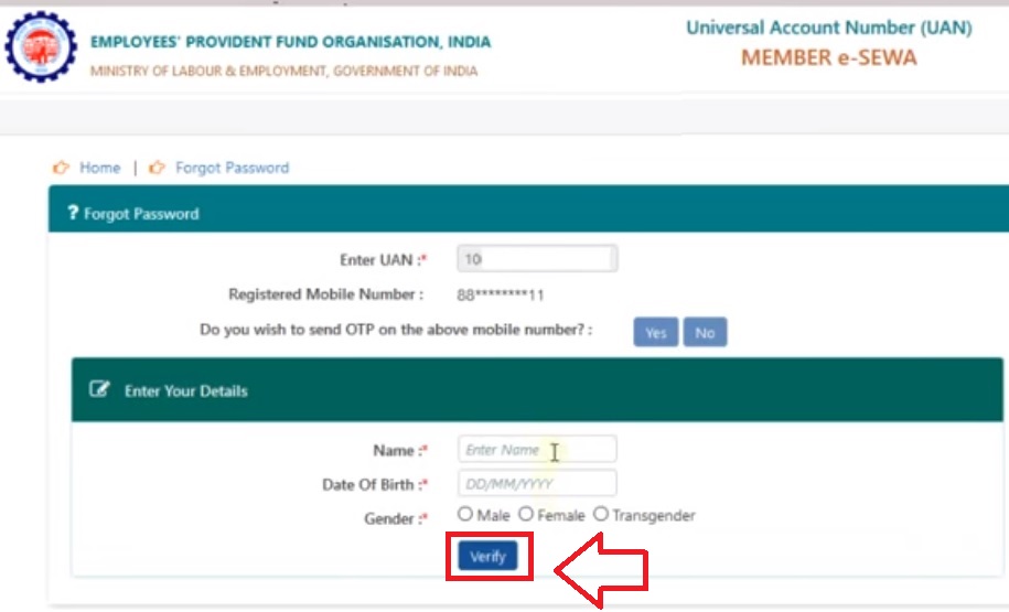 change epf uan login Password with name date of birth