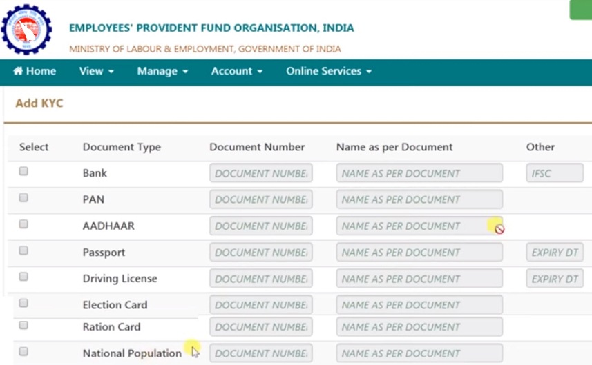epf uan update kyc PAN card, Bank account details and Aadhar number